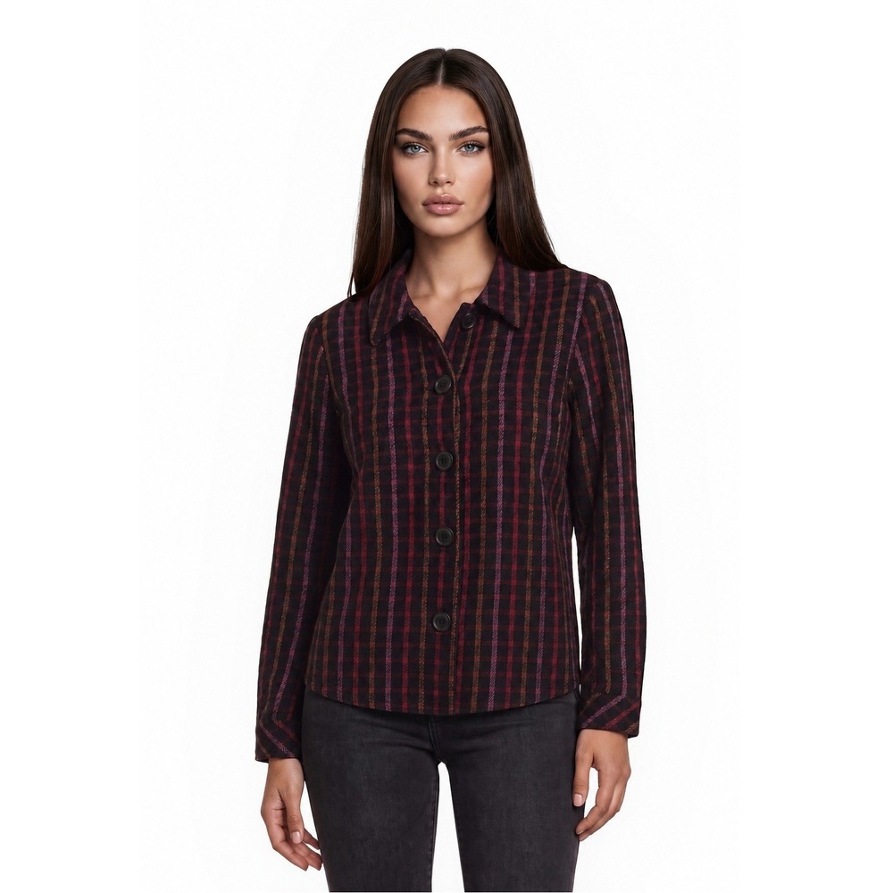 Cabi Plaid Jacket Women's Size Medium Burgundy Purple Gold Knit Shacket